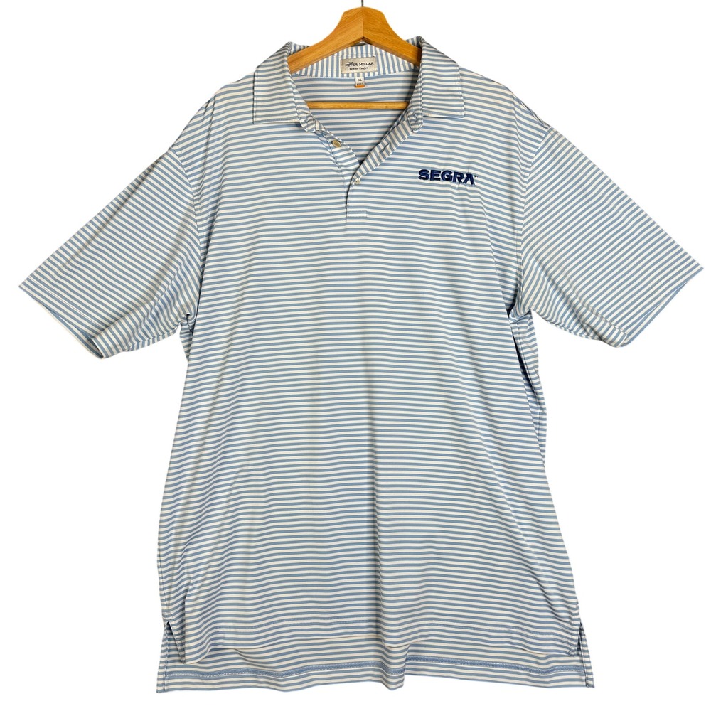 Peter Millar Summer Comfort Polo Shirt Blue White Stripe SEGRA Logo Mens Size XL